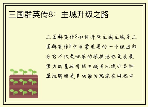 三国群英传8：主城升级之路